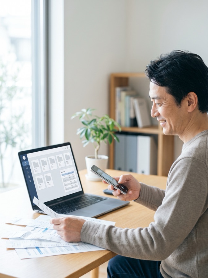 机に広げた明細書を見ながら、ノートパソコンとスマートフォンで帳簿を確認している不動産オーナー