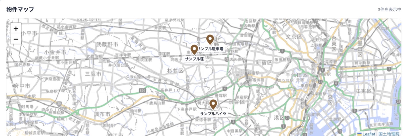 物件マップ。地図の上に持ち物件のピンが名前つきで並んでいる