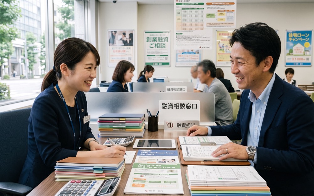 銀行の融資相談窓口で、担当者と資料を見ながら話している人