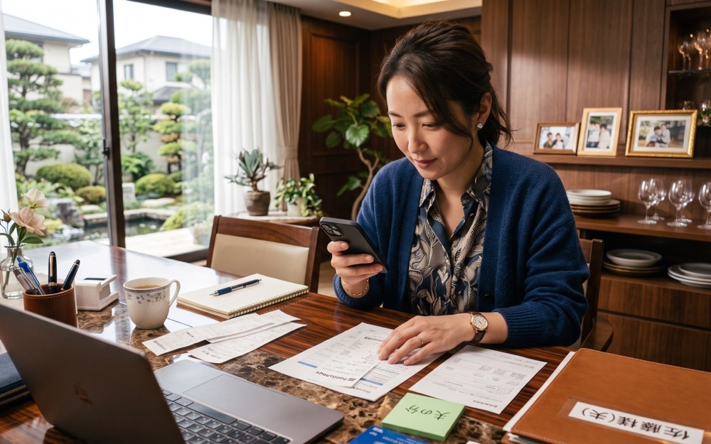 自宅のテーブルで、届いた領収書をスマートフォンで撮影している人