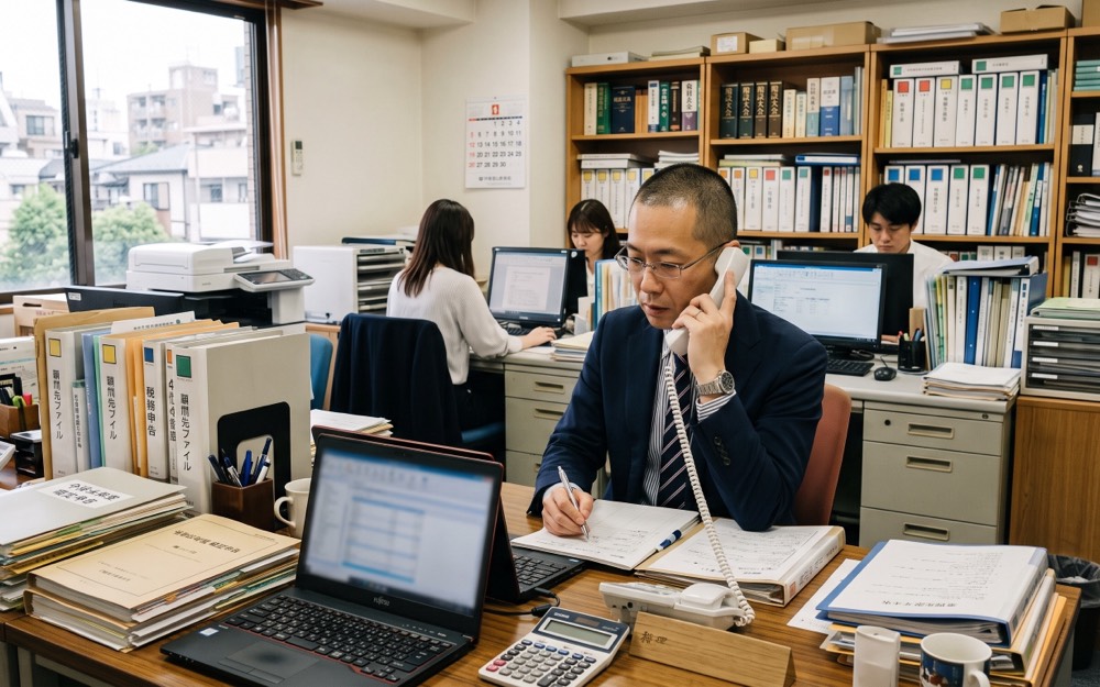 税理士事務所で、電話をしながら書類に記入する職員。背景に顧問先のファイルが並んでいる